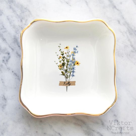 Custom Floral Trinket Tray-Personalized Jewelry Dish-Bridal Shower Gift-Mother's Day Gift