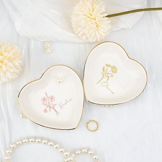 Custom Ring Dish with Birth Flower,Heart Shape Ceramic Jewelry Dish