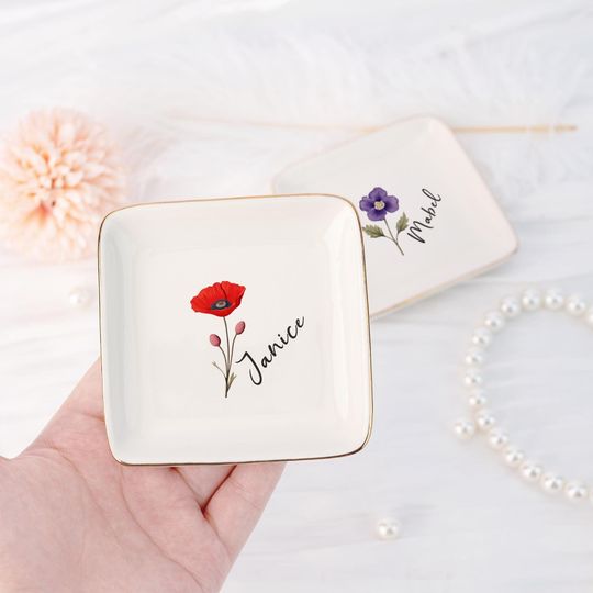 Birth Flower Ring Dish for Friend, Best Friend Birth Flower Jewelry Dish