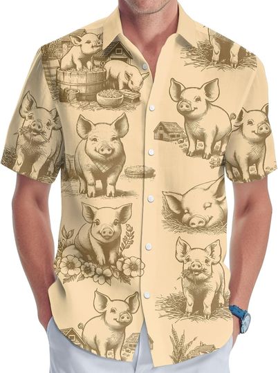 Cute Farm Animal Print Casual Button Shirt, Summer Animal Short Sleeve Hawaiian Shirt