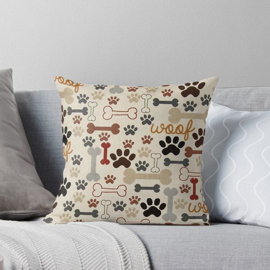Dog Bones and Paw Prints Pattern Pillow