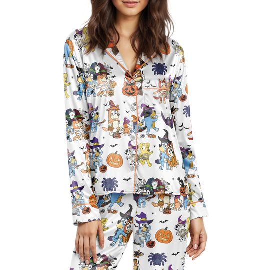 BlueyDad Halloween Pajamas Set, Booey Halloween Pjs Set, Blue Dog Halloween Pajamas Set, Spooky Vibes Blue Cartoon Pjs, Halloween Gift