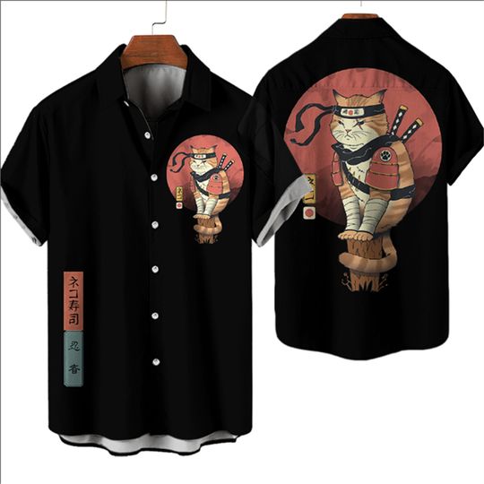 Fashion Men's Warrior Cat Shirt Tops Summer Harajuku Men's Clothes Casual Short Sleeve Anime Loose Hawaiian Shirt 2025 Y2k