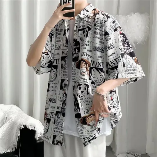 Retro Japanese Cartoon Short Sleeve Men's Shirt Hong Kong Style Graffiti Summer Hawaii Beach Cool Casual Shirt for Men