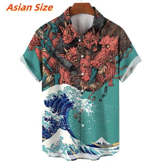 Japanese Ghost Mask Pattern Hawaiian Shirt For Men Cool Wave 3D Printed Short Sleeves Summer Aloha Shirts Lapel Blouses Tops