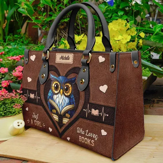 Personalized PU Leather Handbag for Bookworms, Just A Girl Who Loves Books Tote Bag, Custom Bag For Woman Gift for Owl & Book Lovers