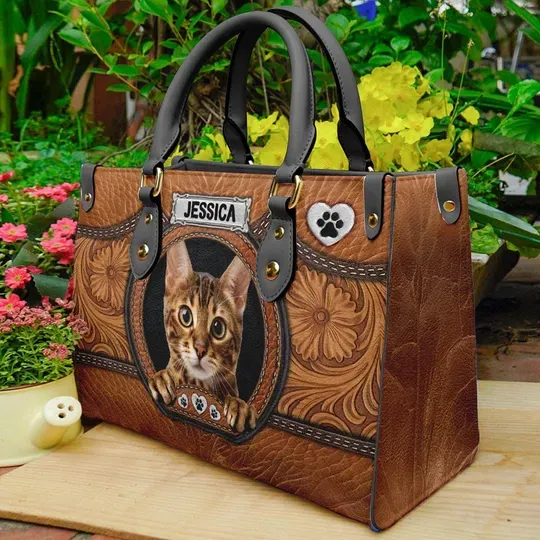 Personalized Bengal Cat Leather Handbag For Women, Cat Tote Bag, Custom Pet Portrait Bag, Animals PU Leather Bag Gift, Cat Mom Gift