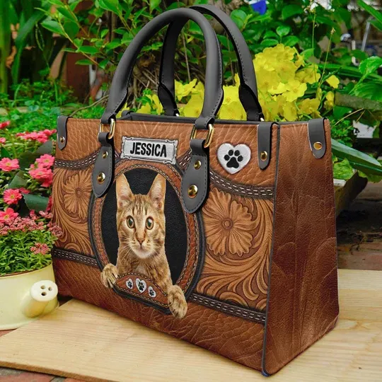 Personalized Ginger cat Leather Handbag For Women, Cat Tote Bag, Custom Pet Portrait Bag, Animals PU Leather Bag Gift, Cat Mom Gift