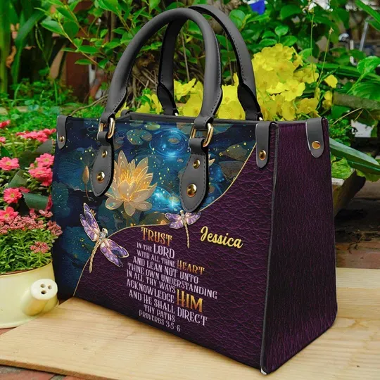 Personalized Leather Handbag For Women, Jesus Bible Verse Bag, Dragonfly God Inspired Shoulder Bag, Christmas Gifts