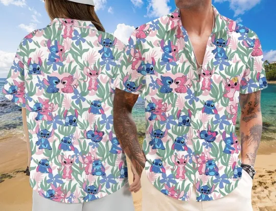 Stitch And Angel Hawaiian Shirt Casual Button Down