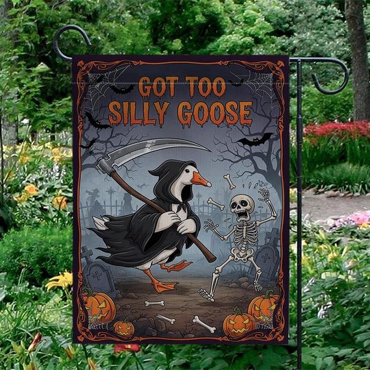 Funny Halloween Garden Flag  Grim Reaper Goose with Skeleton Yard Decor, Spooky Outdoor Halloween Flag