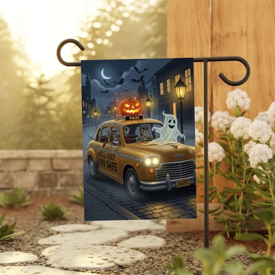 Halloween Taxi Garden Flag, Skeleton Ghost Yard Decor, Pumpkin Cab Sign