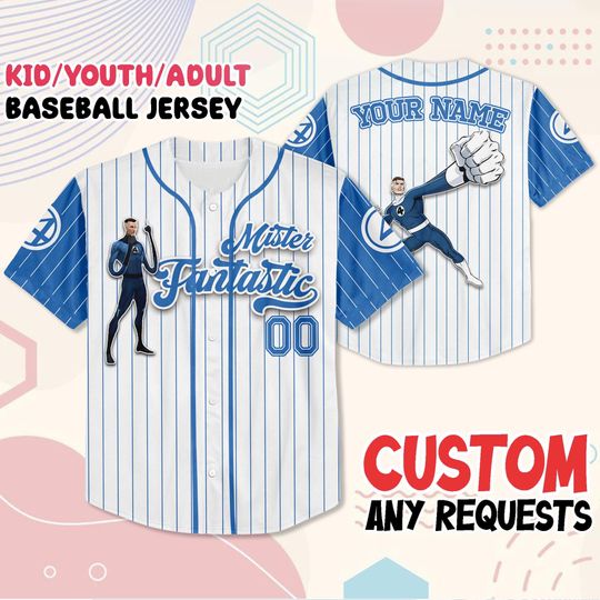 Custom Mister Fantastic Baseball Jersey, Fantastic 4 Superhero Shirt, Personalized Name & Number, Kids Youth Adult Costume, Comic Con Tee