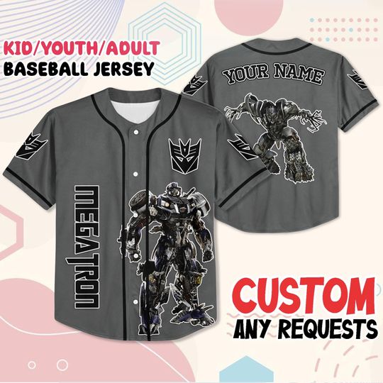 Custom Megatron Baseball Jersey, Transformers Villain Shirt for Kids & Adults, Personalized Name, Halloween Costume, Theme Park Outfit
