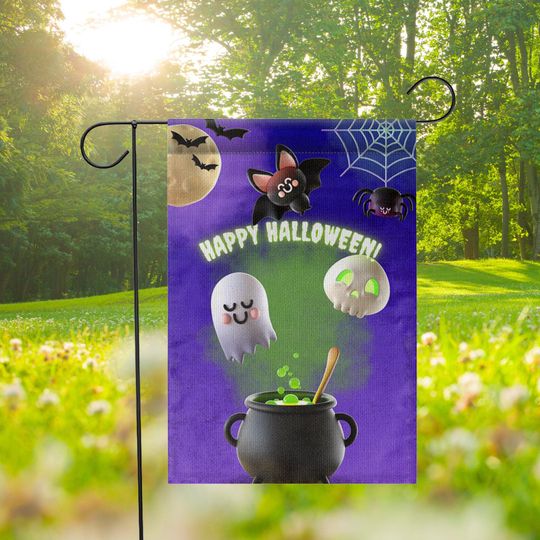 Witchs Cauldron Garden Flag, Halloween Outdoor Flag with Ghosts and Bats