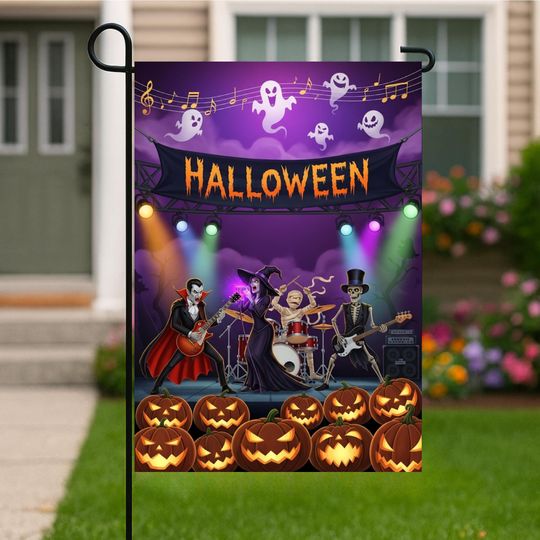 Halloween Band Garden Flag, Spooky Rock Concert Decor, Monster Music Yard Flag