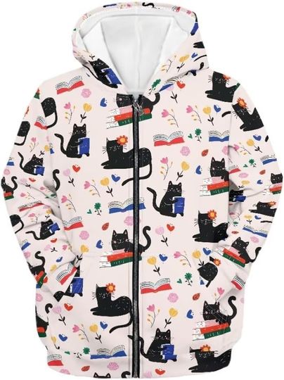 Beauty Collector Cartoon Cats Kids Cute Girls Hoodies Zip Up Hooded Sweatshirt