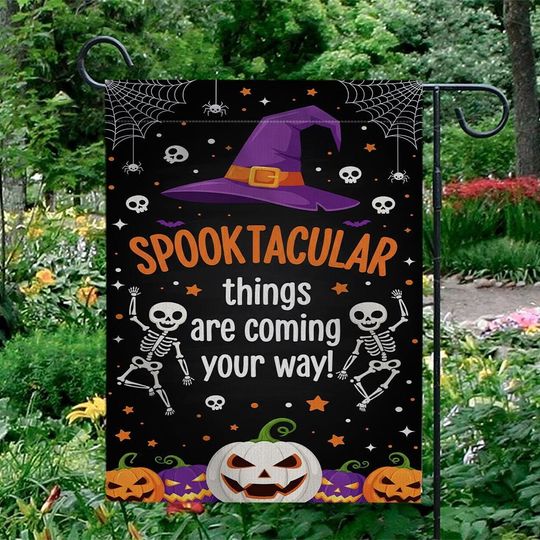 Spooktacular Halloween Garden Flag, Skeleton Pumpkin Yard Decor, Witch Hat Outdoor Banner