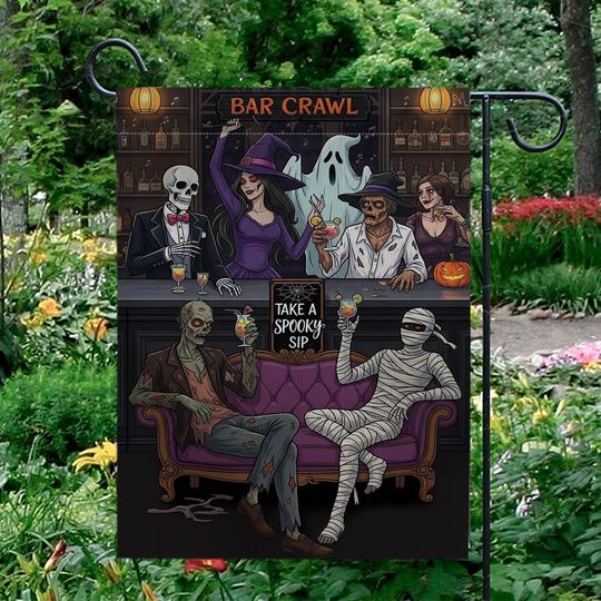 Funny Halloween Bar Crawl Garden Flag  Spooky Party Yard Decor with Skeletons