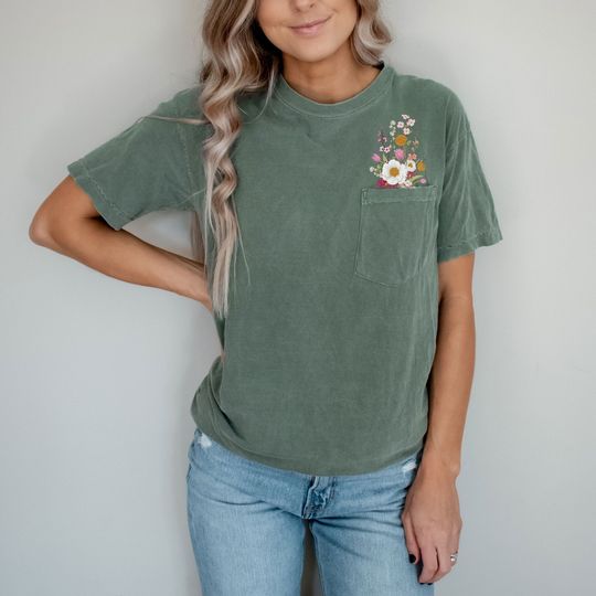 Faux Embroidered Wild Flower Heavyweight Pocket T-Shirt