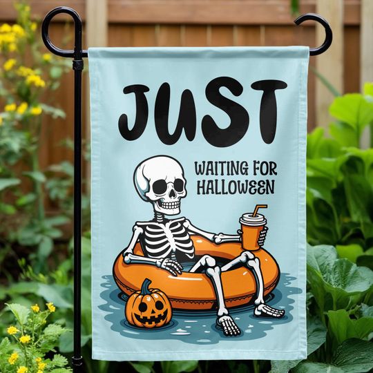 Skeleton Lawn Sign, Just Waiting For Halloween Garden Flag, Summer Halloween Porch Decor