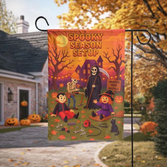 Spooky Season Setup Garden Flag Halloween Outdoor Yard Decor, Skeleton Vampire Witch Scene
