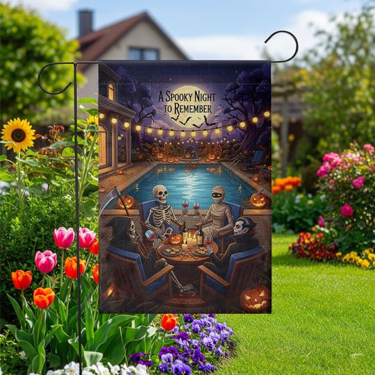 Spooky Halloween Pool Party Garden Flag, Skeleton Vampire Mummy Grim Reaper Yard Decor