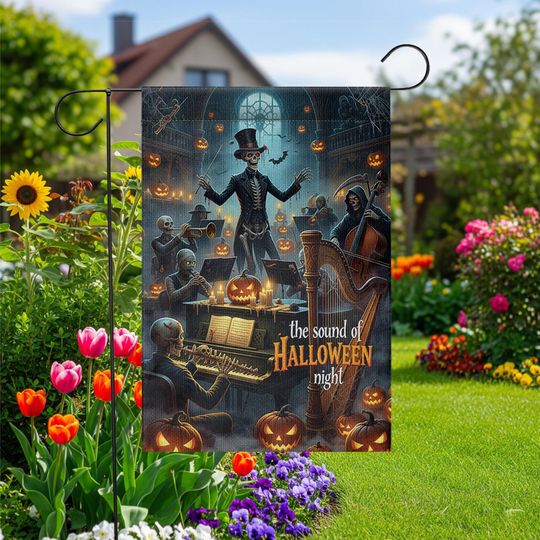 Skeleton Orchestra Halloween Garden Flag. Haunted Concert Yard Decor
