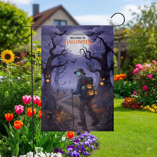 Halloween Garden Flag  Skeleton Pumpkin Graveyard Decor, Spooky Yard Banner