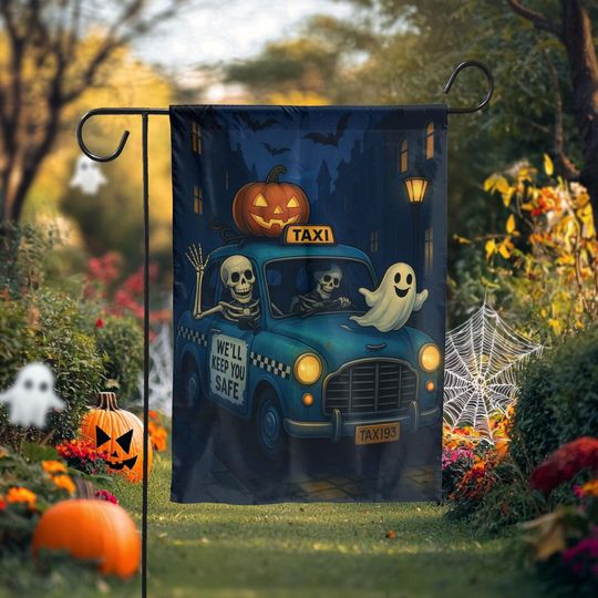 Halloween Taxi Garden Flag  Skeleton Ghost Pumpkin Ride, Funny Spooky Yard Decor