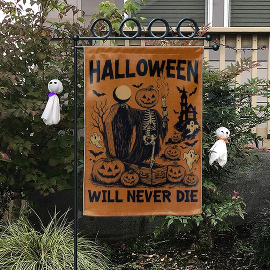 Halloween Will Never Die Flag, Skeleton Pumpkin Yard Banner, Spooky Fall Outdoor Decor