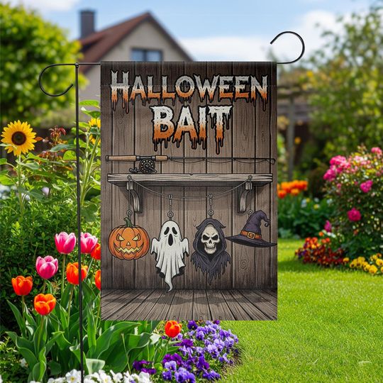 Halloween Bait Garden Flag  Funny Spooky Outdoor Fishing Themed Yard Decor