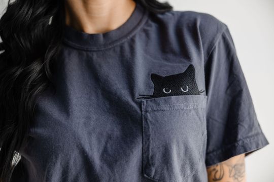 Pocket Cat T-Shirt - Spooky Black Cat Embroidered Tee - Short Sleeve - Halloween