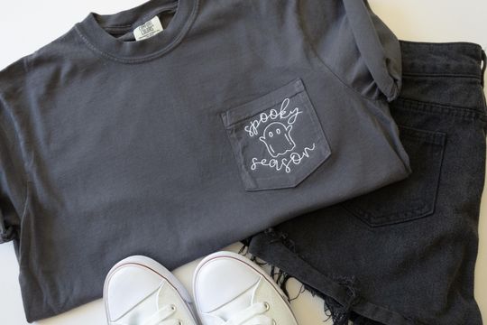 Pocket Cat T-Shirt - Spooky Black Cat Embroidered Tee - Short Sleeve Halloween