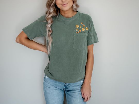 Happy Halloween Fall Candies Embroidered Pocket T-Shirt | Unisex