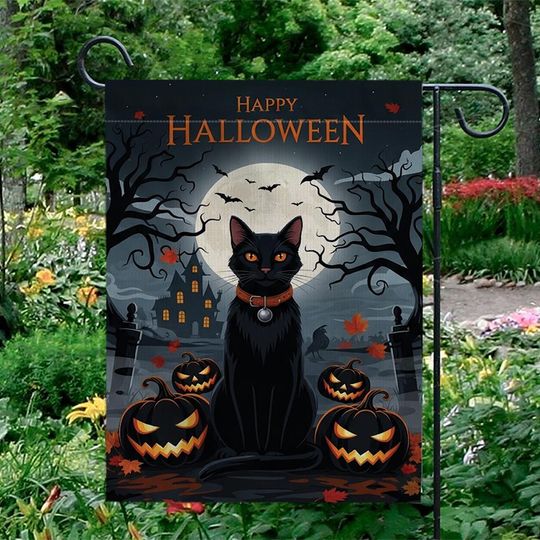Black Cat Halloween Garden Flag with Pumpkins and Full Moon, Spooky Yard Decor