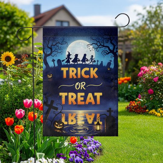 Trick or Treat Garden Flag  Halloween Yard Decor with Silhouettes & Full Moon Scene