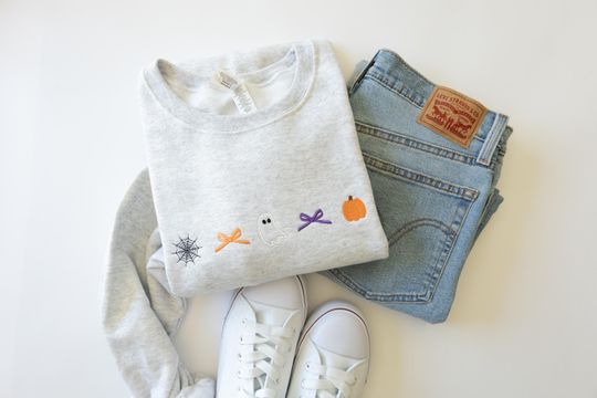 Pumpkin Bow Embroidered Sweatshirt - Cozy Fall Crewneck - Halloween Autumn Embroidery