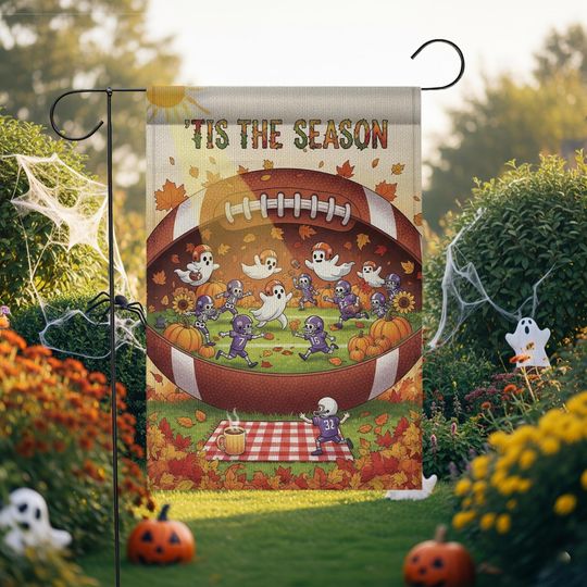 Tis The Season Football Garden Flag, Halloween Ghost Skeleton Fall Autumn Decor