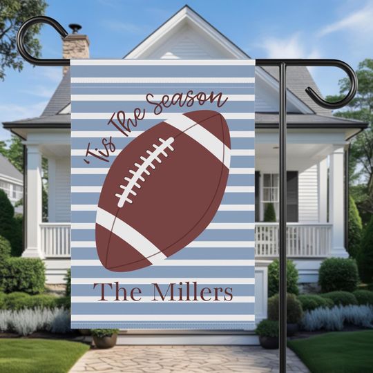 Blue 'Tis The Season Football Garden Flag, Custom Family Name Yard Decor