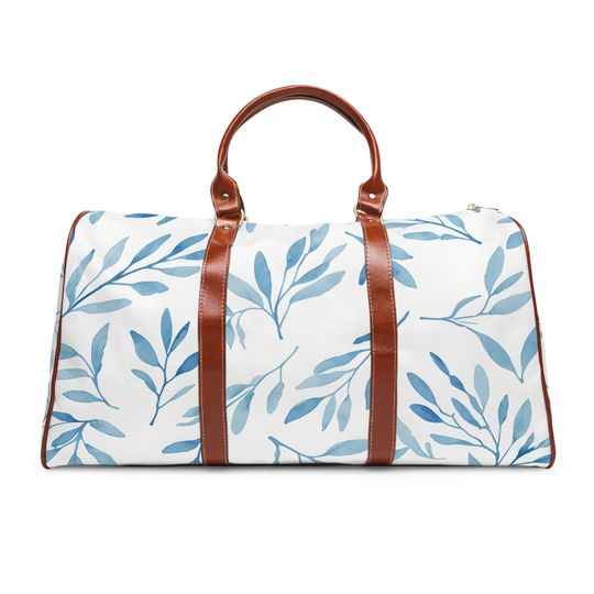 Stylish Blue Palm Leaves Waterproof Travel Bag - Durable Companion for Adventures