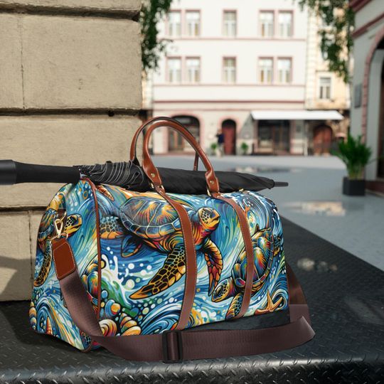 Sea Turtle Waterproof Travel Bag - Colorful Ocean Wave Duffle