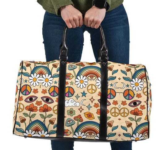 Boho Rainbow and Trippy Mushrooms Travel Bag, Gym Bag, Overnight Bag