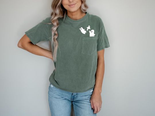 Happy Halloween Fall Harvest Ghosts Embroidered Pocket T-Shirt Unisex