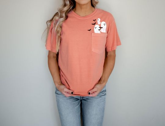 Happy Halloween Fall Harvest Ghosts & Bats Embroidered Pocket T-Shirt