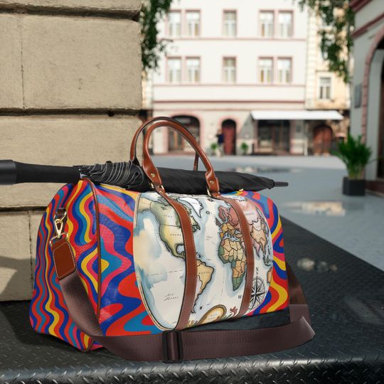 Waterproof Travel Bag with World Map Design Colorful Adventure Tote, Weekender Gift for Travelers, Stylish Gym Bag