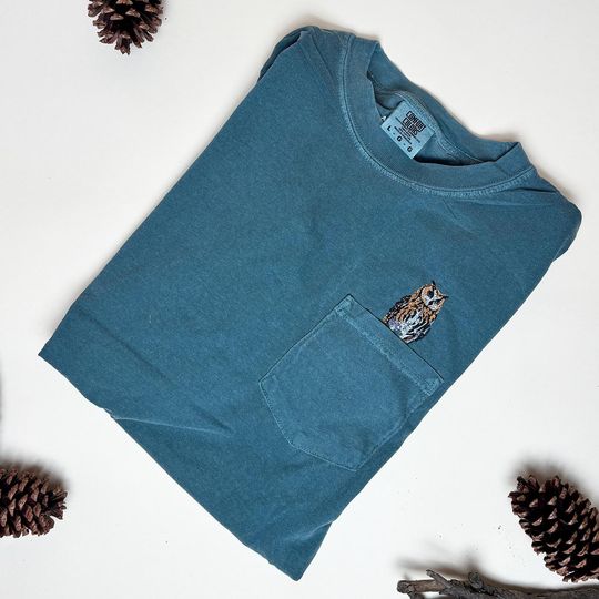 Embroidered Great Horned Owl Cotton Pocket T-Shirt - Unisex Nature-Inspired Bird Lover Tee