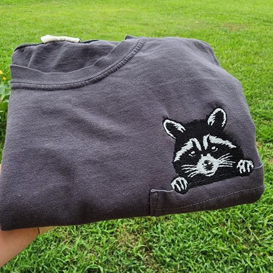 Raccoon Pocket T-Shirt, Embroidered Comfort Colors Tee, Cute Trash Panda Shirt, Everyday Casual Tee for Women