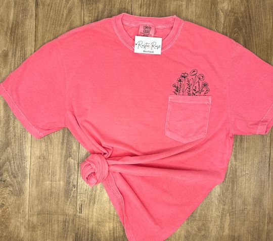 Floral Embroidered Pocket T-Shirt, Casual Minimalist Coral Tee