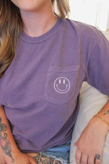 Comfort Colors Happy Face Embroidered Pocket T-Shirt - Short Sleeve